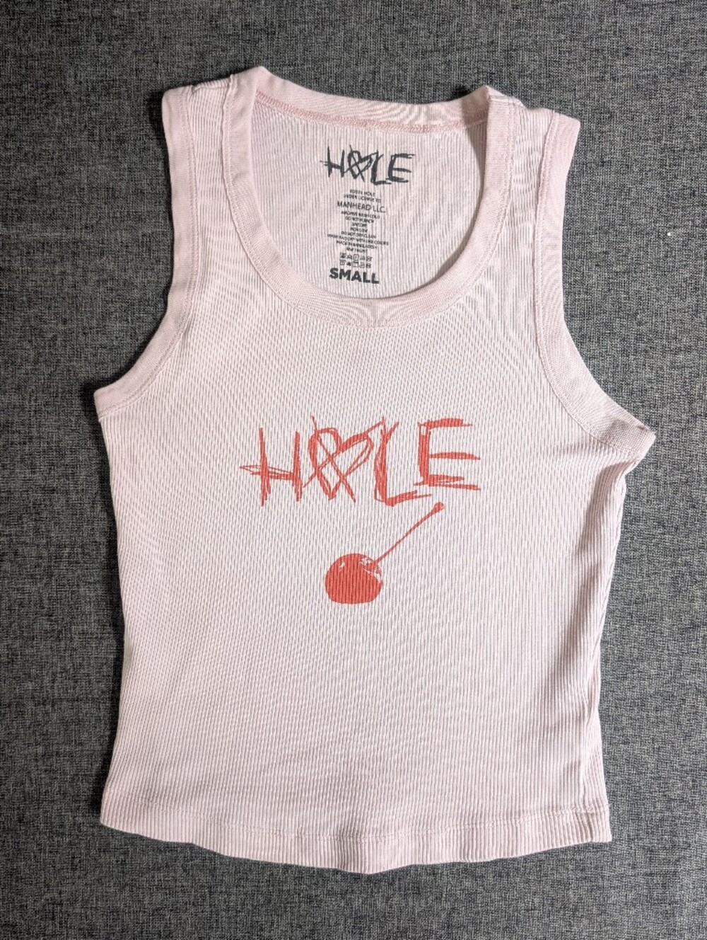 💔 HOLE 🍒 Ladies Graphic Pink Ribbed Cropped Tank Top (Small)